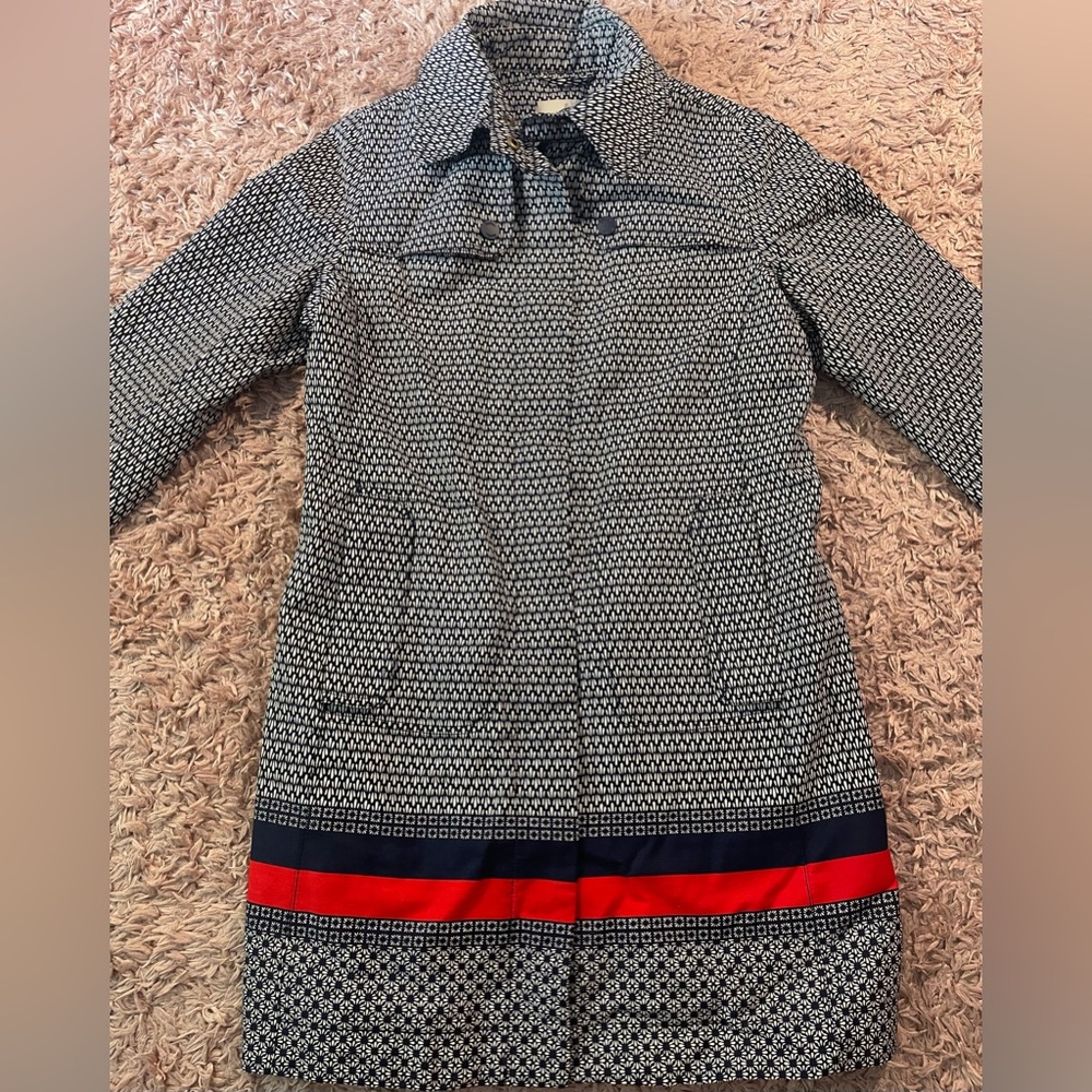 Boden Navy Blue Red Patterned Trench Coat Rain Jacket No Hood US 4